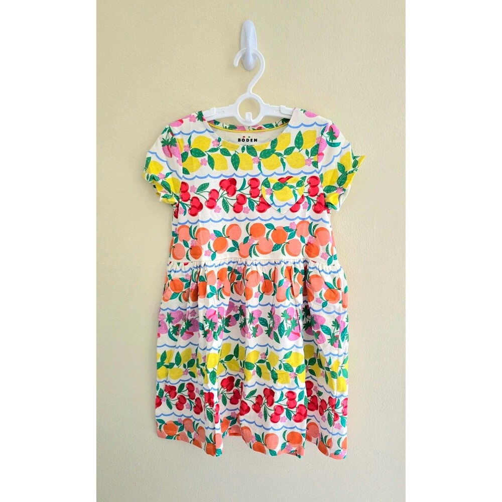 NWOT Mini Boden Cotton Heart Pocket Fruit Print Dress-Rainbow Fruit Stripe, 6-8